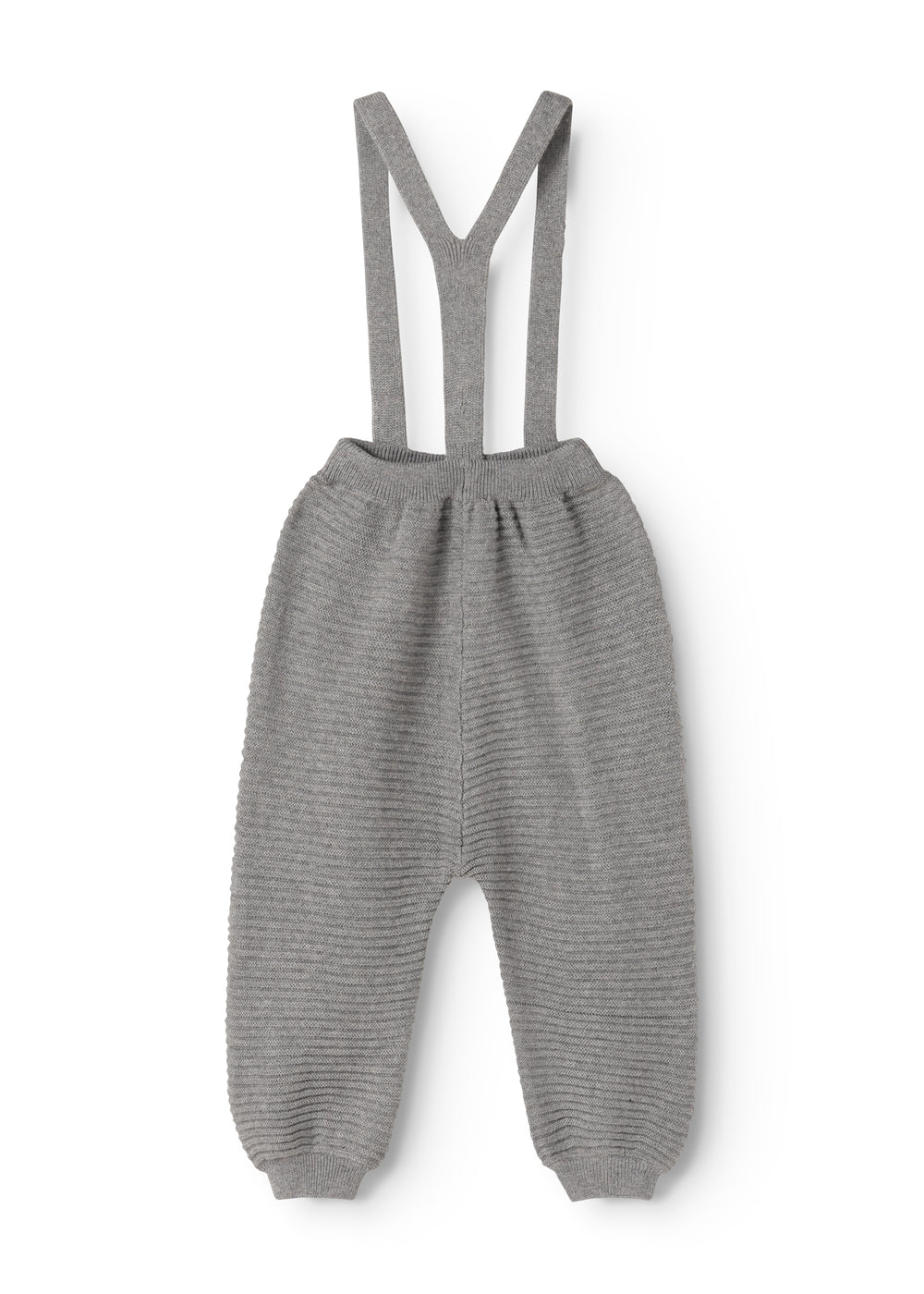 Gray melange knit pants with suspenders and elastic waistband