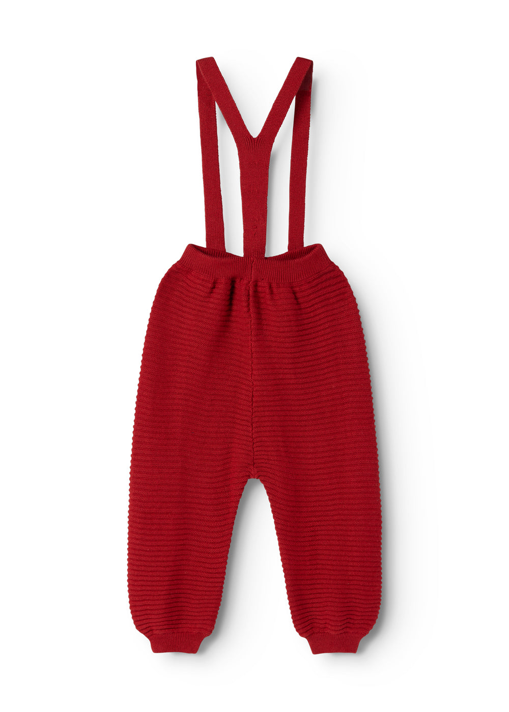 Red knit pants with elastic waistband and suspenders with button fastening
