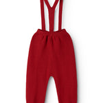 Red knit pants with elastic waistband and suspenders with button fastening