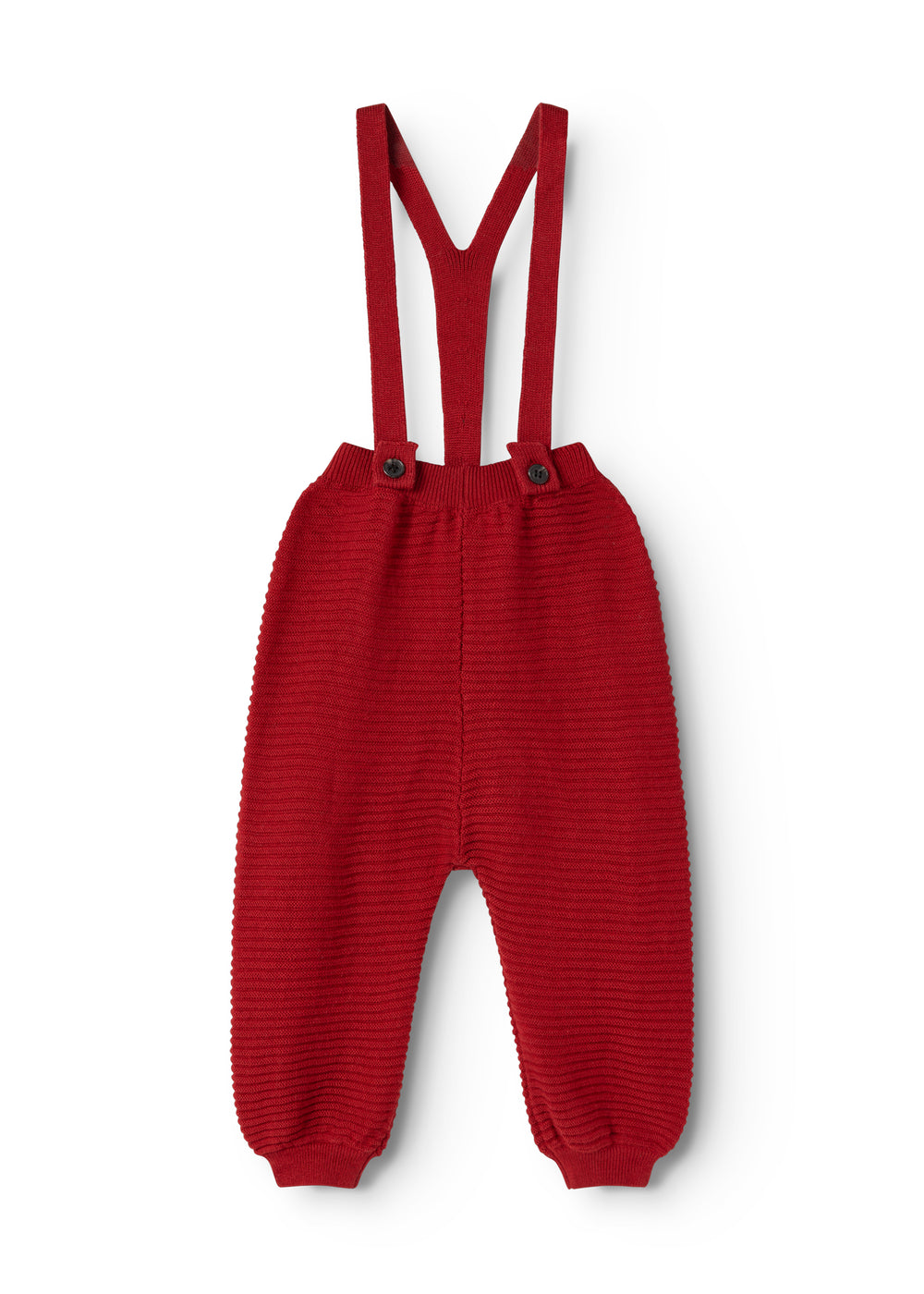 Red knitted baby pants with suspenders and buttons on the front