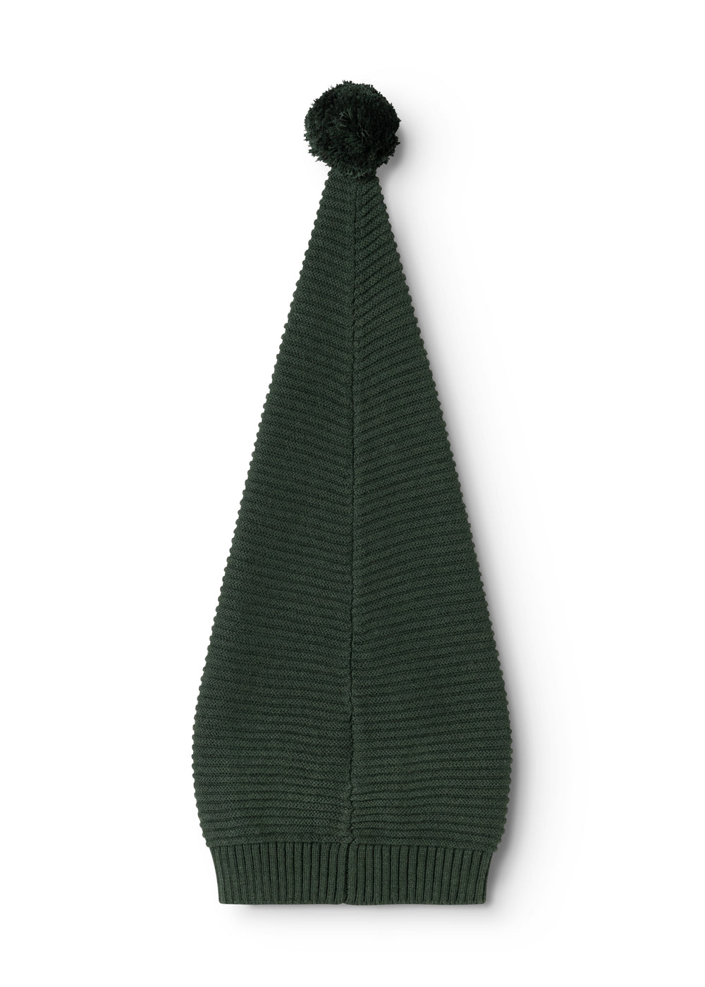 Knitted dark green elf hat with pompom and vertical knit pattern