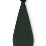 Knitted dark green elf hat with pompom and vertical knit pattern