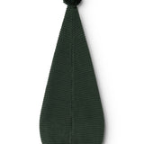 Knitted dark green elf hat with pompom and vertical knit pattern