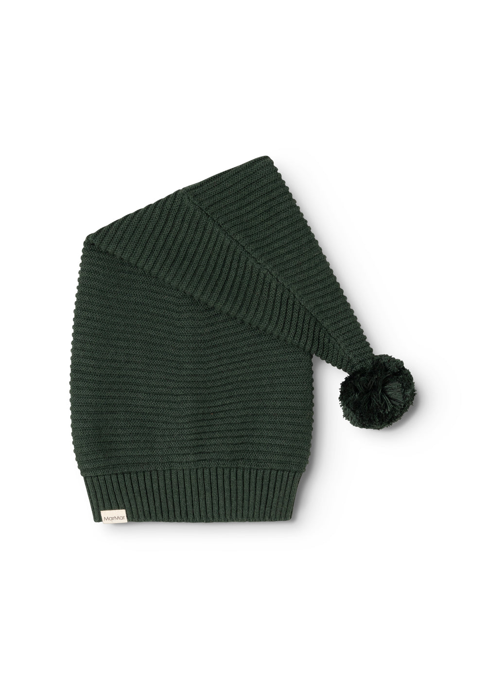 Knitted dark green elf hat with pompom and ribbed texture