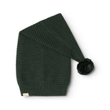Knitted dark green elf hat with pompom and ribbed texture