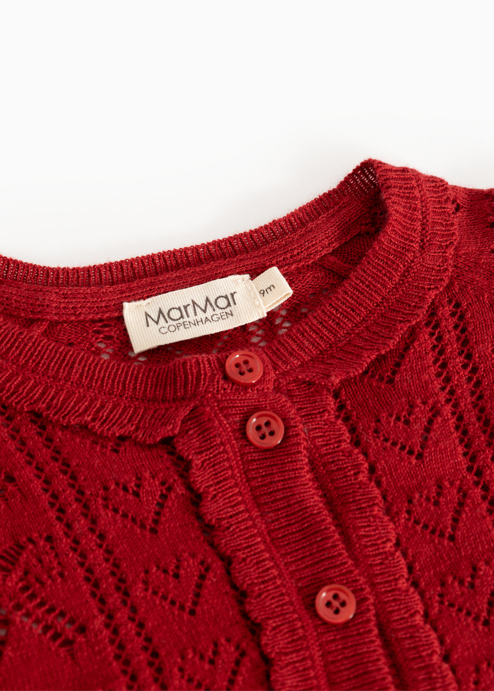 Bordeaux red knitted cardigan with MarMar Copenhagen label and three buttons