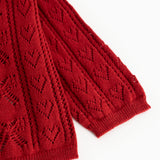 Bordeaux red knit cardigan with openwork pattern and ribbed cuffs