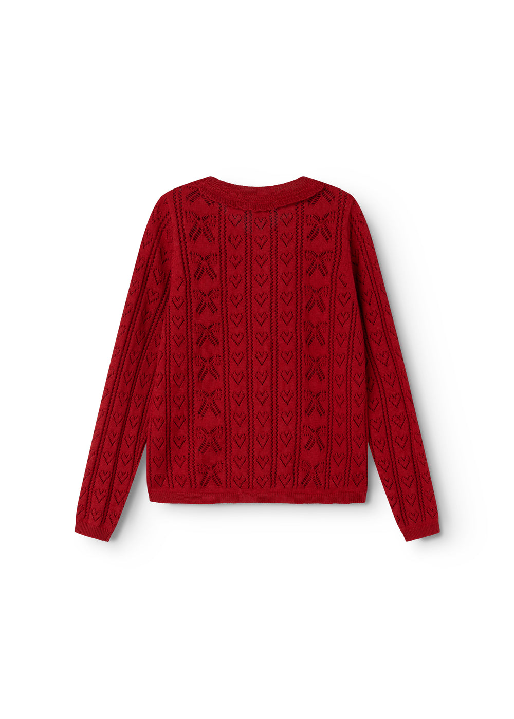 Cherry red knitted cardigan for children with fine pattern and long sleeves