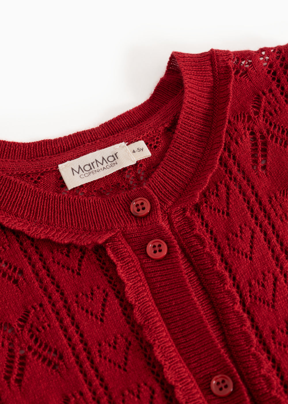 Cherry red knitted cardigan detail with round neckline and buttons