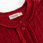 Cherry red knitted cardigan detail with round neckline and buttons
