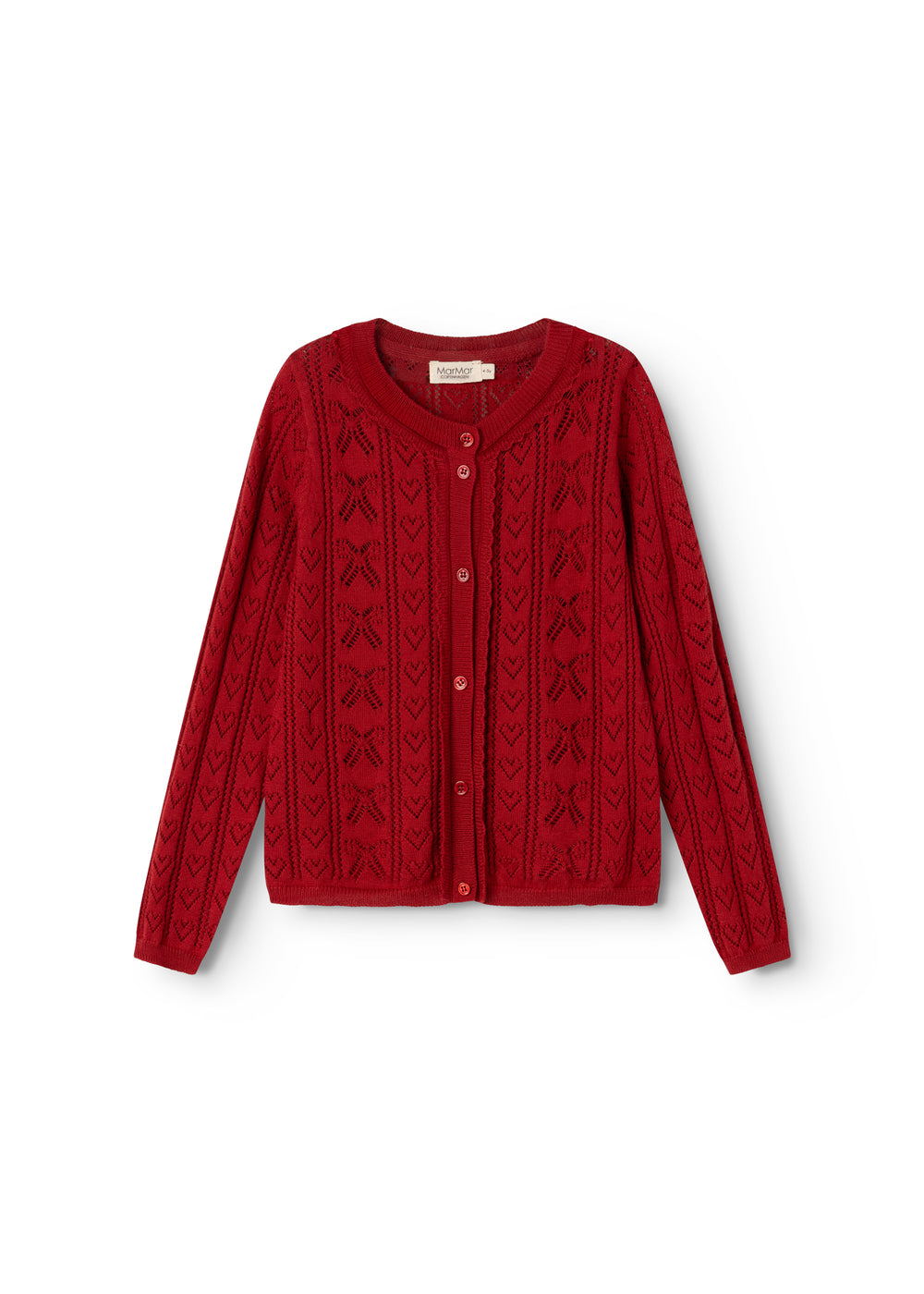 Cherry red knitted children's cardigan with button closure and front pattern