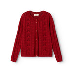 Cherry red knitted children's cardigan with button closure and front pattern
