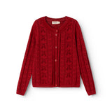 Cherry red knitted children's cardigan with button closure and front pattern