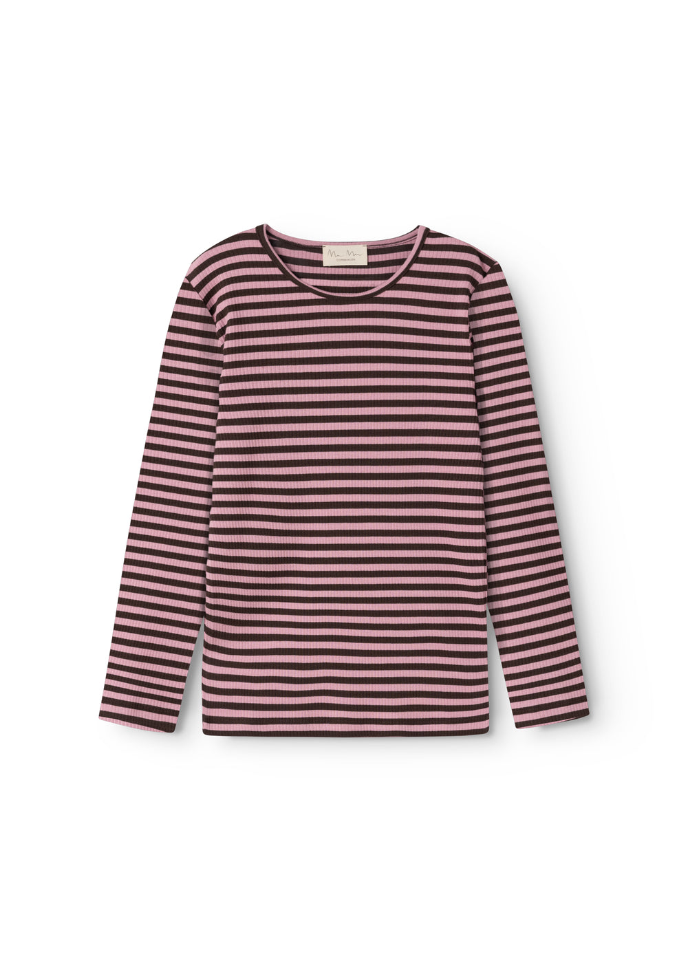 The striped short-sleeve T-shirt in pink and dark, round neck and ribbed hem.