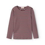 The striped short-sleeve T-shirt in pink and dark, round neck and ribbed hem.