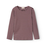 The striped short-sleeve T-shirt in pink and dark, round neck and ribbed hem.