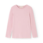 Pink long-sleeve T-shirt with ribbed texture and crew neck.