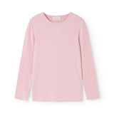 Pink long-sleeve T-shirt with ribbed texture and crew neck.