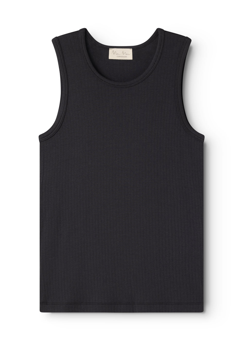 Solid cotton tank top with round neck and solid front.