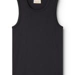 Solid cotton tank top with round neck and solid front.