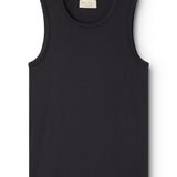 Solid cotton tank top with round neck and solid front.