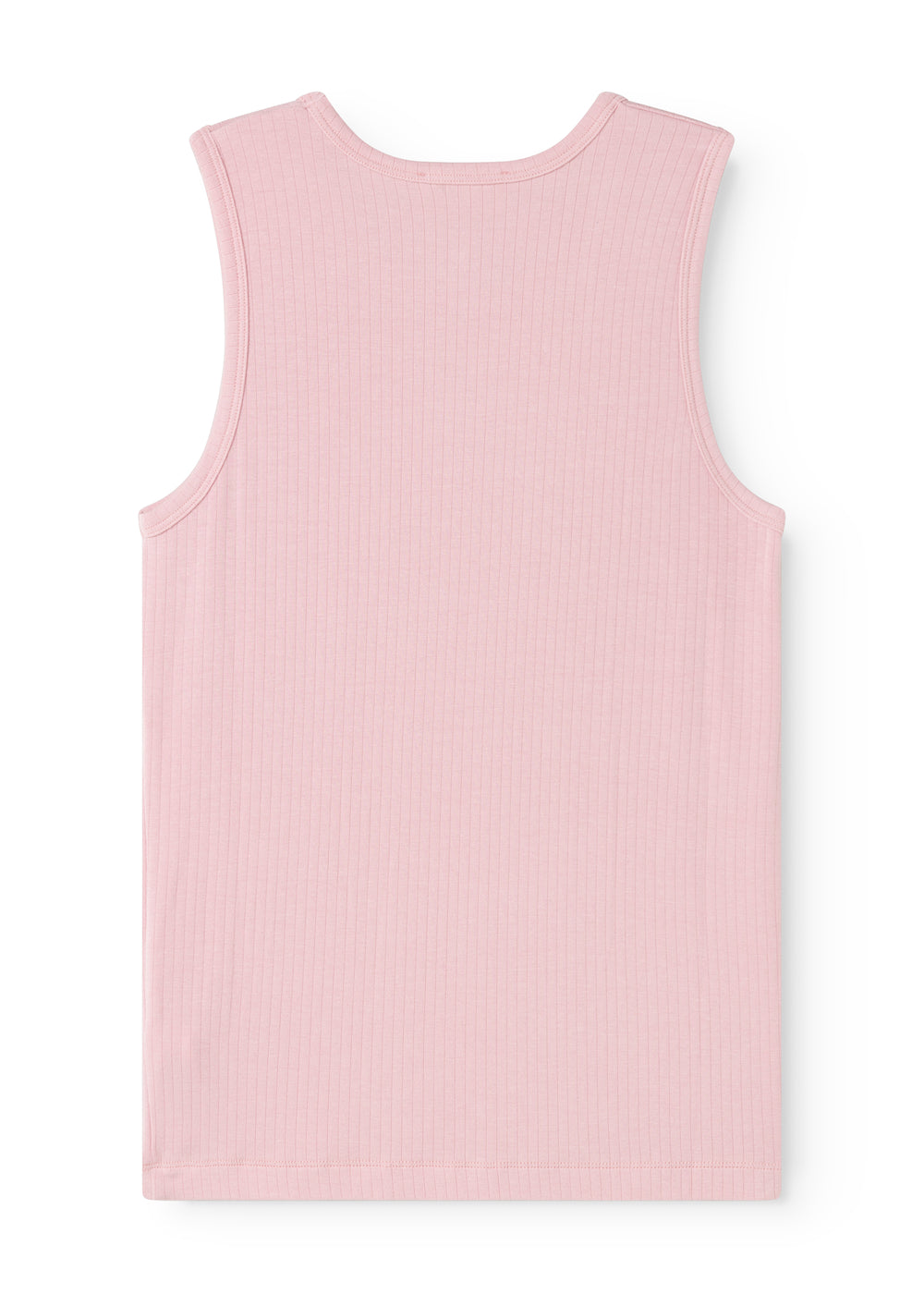 Sleeveless top in pink ribbed knit with round neck and wide shoulder straps