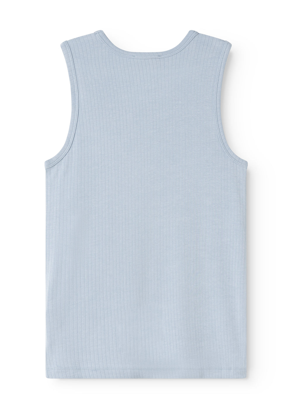 Light blue sleeveless tank top with round neck and uniform rib structure.