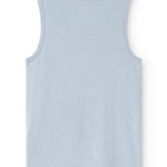 Light blue sleeveless tank top with round neck and uniform rib structure.
