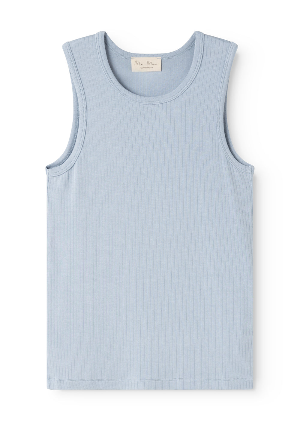 Light blue tank top with round neckline and sleeveless fit