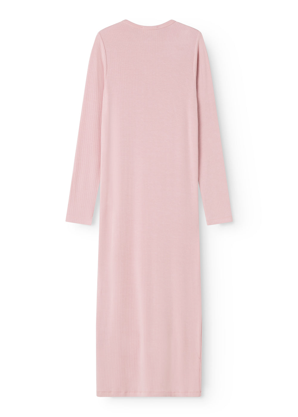 Pink evening dress with long sleeves and a round neckline, straight silhouette to the knee.