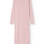 Pink evening dress with long sleeves and a round neckline, straight silhouette to the knee.