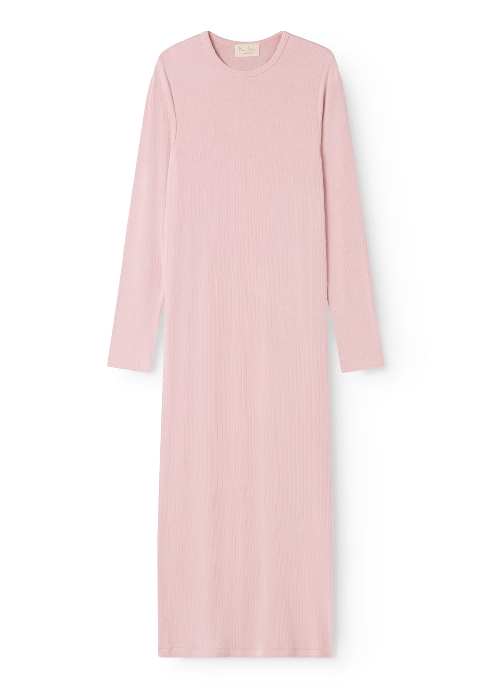 Pink evening dress with long sleeves and a round neckline, straight fit.