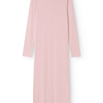 Pink evening dress with long sleeves and a round neckline, straight fit.