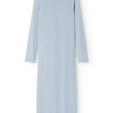 Light blue dress with long sleeves and a round neckline.