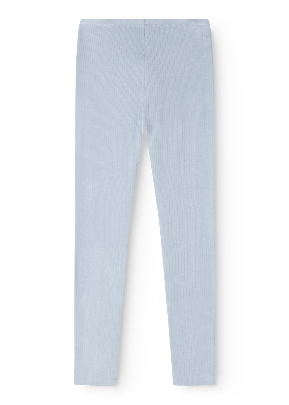 Light blue trousers with straight legs and elastic waist.