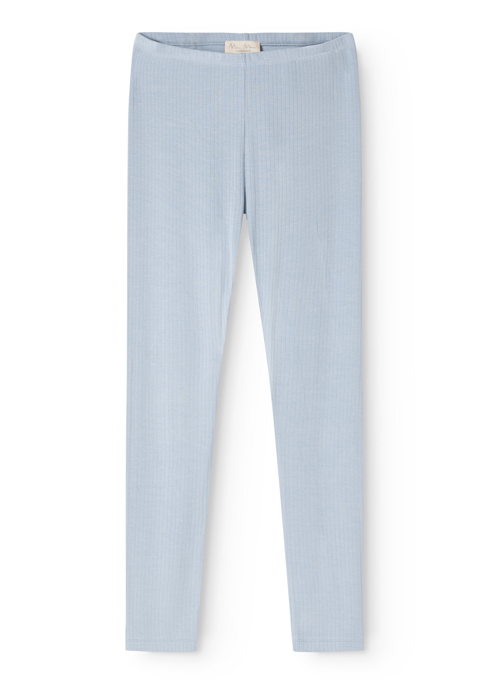 Light blue trousers with ribbed texture and elastic waistband.