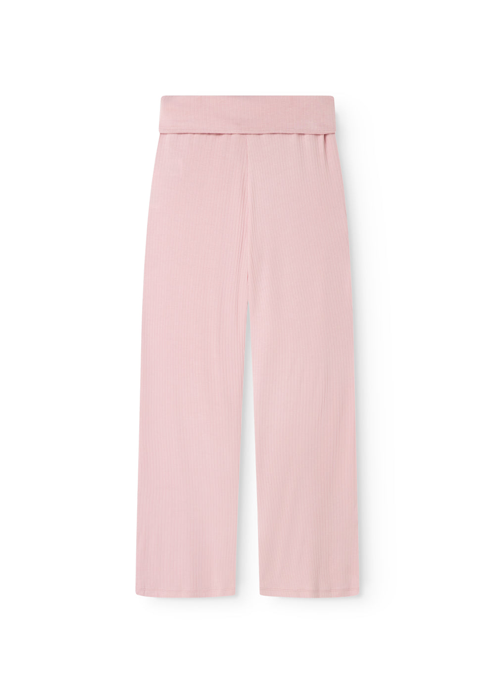Pink cotton trousers with elastic waistband, straight legs, and ribbed fabric.