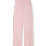 Pink cotton trousers with elastic waistband, straight legs, and ribbed fabric.