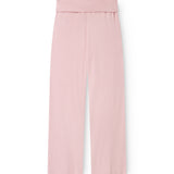 Pink cotton trousers with elastic waistband, straight legs, and ribbed fabric.
