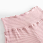 Pink ribbed pants with elastic waistband and seam at the waist.