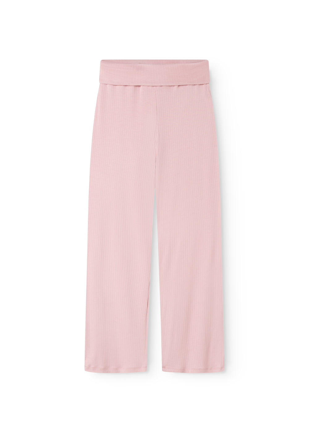 Pink denim pants with elastic waistband and ribbed surface.