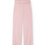 Pink denim pants with elastic waistband and ribbed surface.