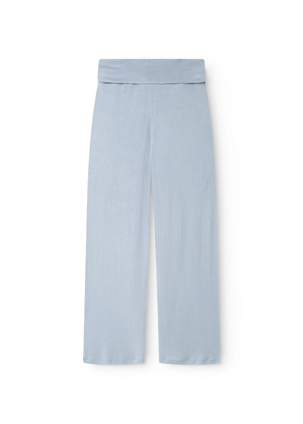 Light blue trousers with straight, wide legs and an elastic waist.