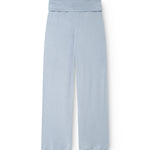 Light blue trousers with straight, wide legs and an elastic waist.