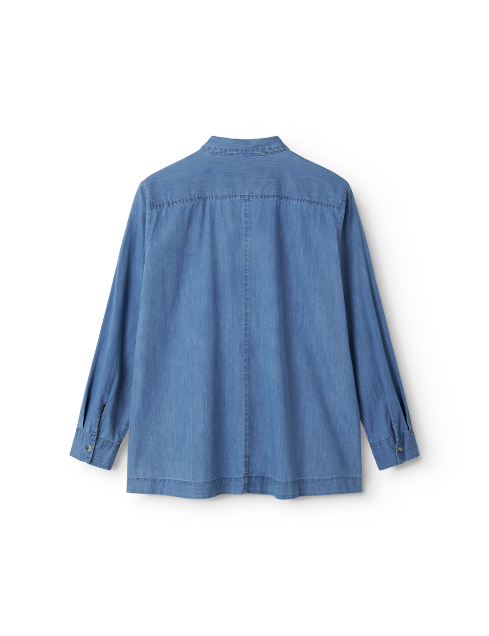Blå denim dameskjorte med lange ærmer og brystlomme