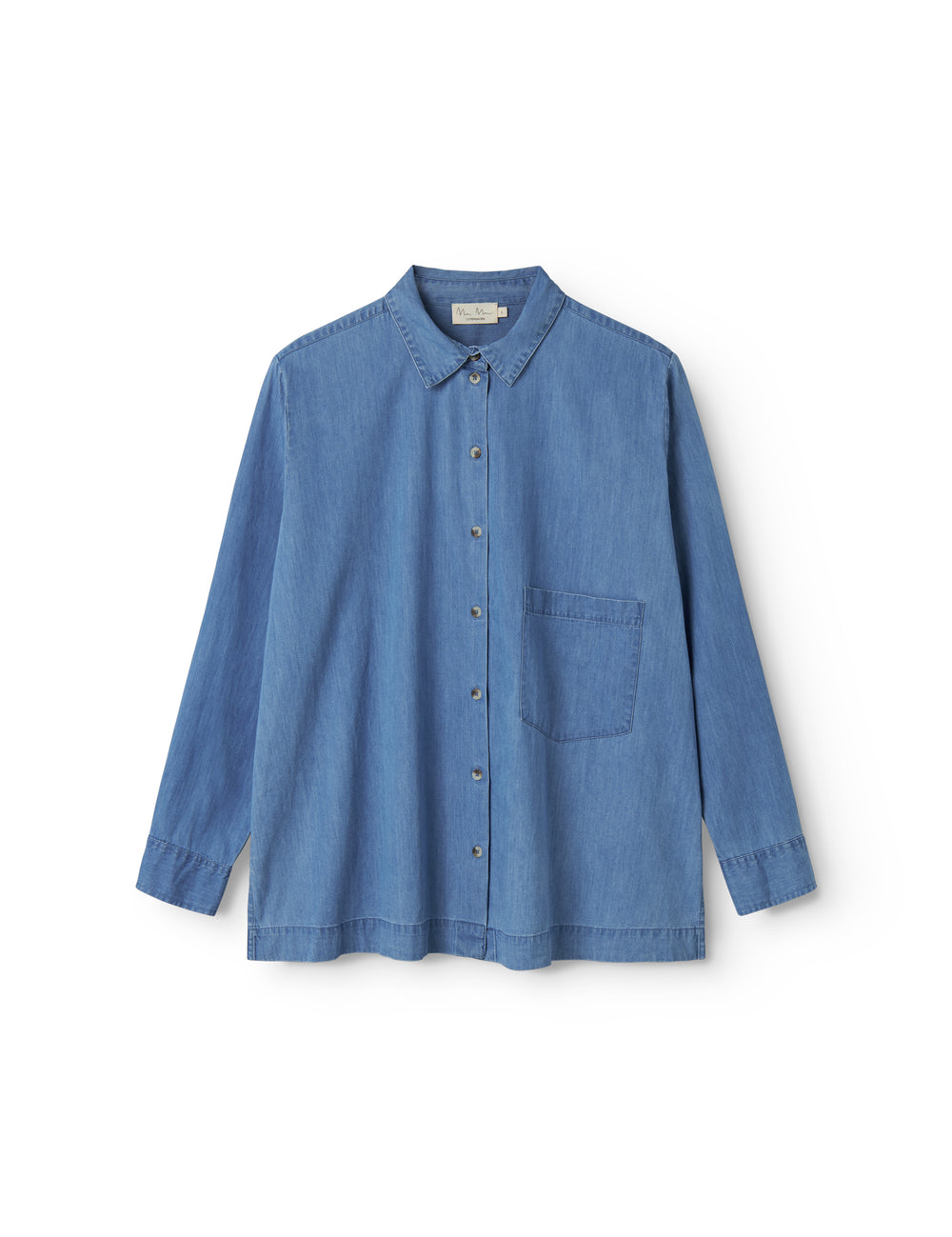 Blue denim ladies' shirt with long sleeves and chest pockets.