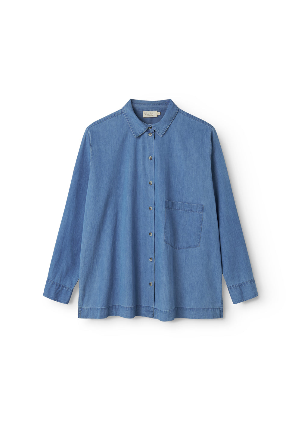 Blue denim ladies' shirt with long sleeves and chest pockets.