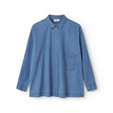 Blue denim ladies' shirt with long sleeves and chest pockets.