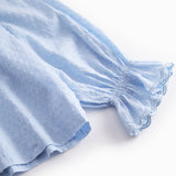 Lyseblå langærmet og løstsiddende bluse til kvinder med broderimønster