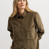 Dark olive shirt with button closure, collar and two chest pockets
